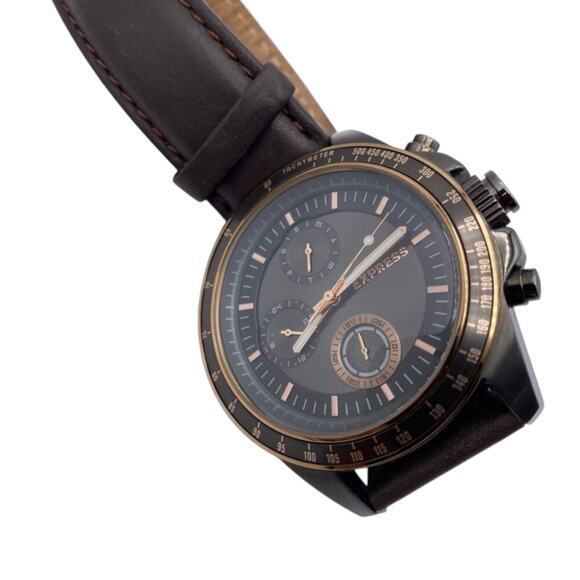 Express Men’s Chronograph Watch Black & Rose Gold | Genuine Leather Strap - Picture 3 of 8